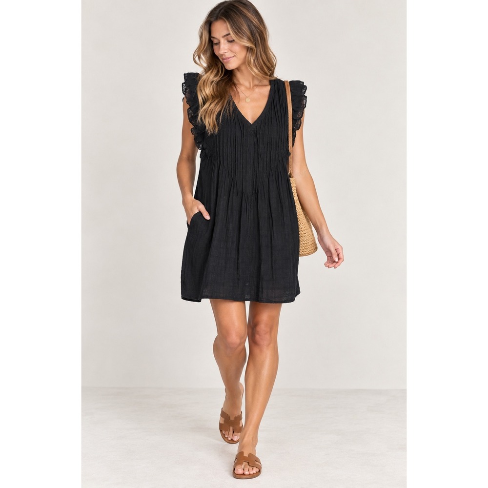 Evereve Black Cotton Gauze Pintuck Ruffle Mini Dress Small Sleeveless V-Neck